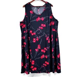 Ellos Fit & Flare Dress Sz 3X  Midi Black Red Stretch Sleeveless Feminine Summer